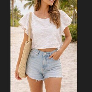 Versona Womens M White Cotton Eyelet Cap Sleeve Cropped Blouse Chic